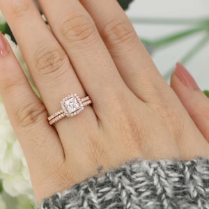 3/4ct (5mm center) Halo Engagement Ring, Wedding Ring Set, Sterling Silver Wedding Ring, Cushion Cut Ring, Princess Cut Ring, Small Ring