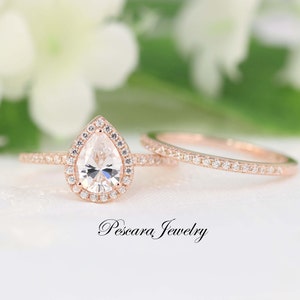 1.3ctw Rose Gold Engagement Ring, Pear Halo Wedding Ring Set - Pear Cut Ring - Pear Halo Engagement Ring. 1ct Promise CZ Ring