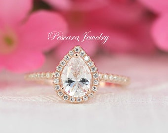 Rose Gold CZ Pear Engagement Ring - Pear Cut Ring - Pear Halo Ring - Wedding Ring - Diamond Simulant (CZ) - 1 Carat - Sterling Silver