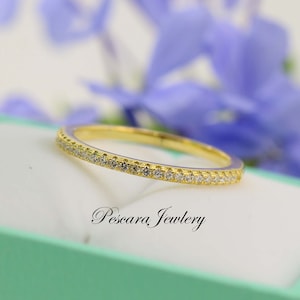Yellow Gold Silver Wedding Band, Half Eternity Band, Engagement Ring Band, Gold Ring, Simulated Diamond Wedding Ring, Sterling silver