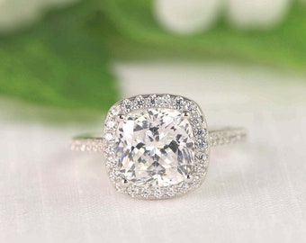 3 Ct Halo Cushion Cut Engagement Ring, Wedding Ring Set, Diamond Simulant CZ in 925 silver, Pave Band, Promise Ring, Cocktail Ring