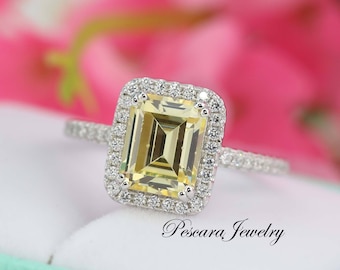 3.4ctw Light Canary Yellow Emerald Cut Halo Engagement Ring, Bridal Ring, Promise Ring, Anniversary Ring, Wedding Ring, Sterling Silver