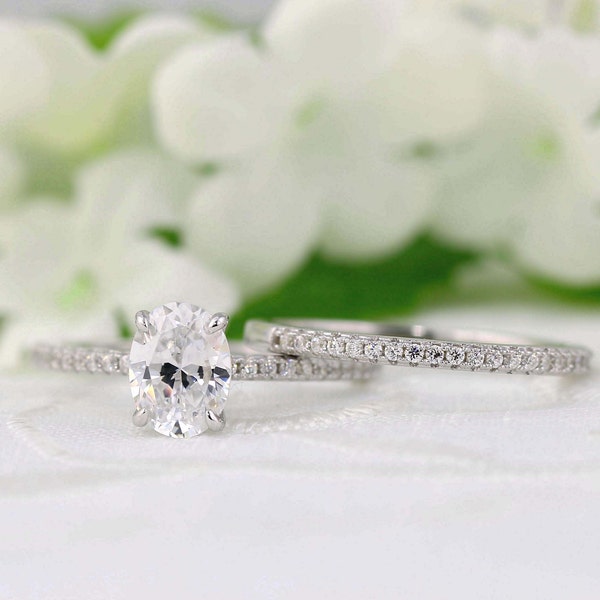 1.75ctw Oval Wedding Ring Set, Engagement Ring, Oval Solitaire Ring, Oval Promise Ring, Diamond Stimulant CZ, Sterling Silver