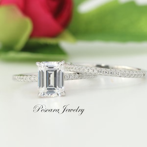2ct Emerald Cut Diamond Simulant Engagement Ring, Emerald Solitaire Ring, Bridal Ring Set, Stackable Ring, promise ring, Sterling Silver