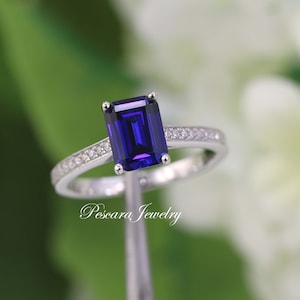 Blue Sapphire Ring Emerald Cut Blue Gemstone Ring September Birthstone Ring Blue Sapphire Emerald Cut Solitiare ring Sterling Silver Ring