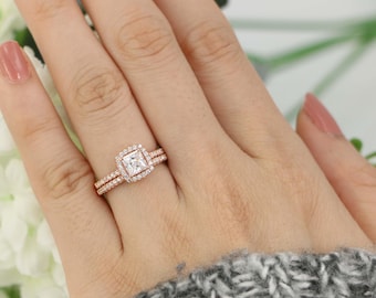 3/4ct (センター 5 mm) ハローエンゲージリング、結婚指輪セット、スターリングシルバー結婚指輪、クッションカットリング、プリンセスカットリング、スモールリング