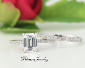 Anello di fidanzamento simulante con diamante taglio smeraldo da 2 ct, anello solitario con smeraldo, set di anelli da sposa, anello impilabile, anello di promessa, argento sterling