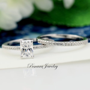 1 Carat (7x5mm) Radiant Cut Engagement Ring set,  Radiant Solitaire Ring, Wedding Ring Set, Stacking Ring, promise ring, Sterling Silver