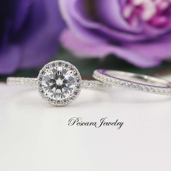 Wedding Ring Set - Round Halo Engagement Ring - Round Cut Ring - Diamond Stimulate CZ Ring - Bridal sets - Sterling Silver - 1 Carat Ring