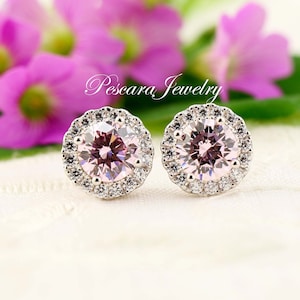 1ct Round Halo Stud Earrings Pink Round studs Bridal Earrings Wedding Earrings Sterling Silver studs earrings
