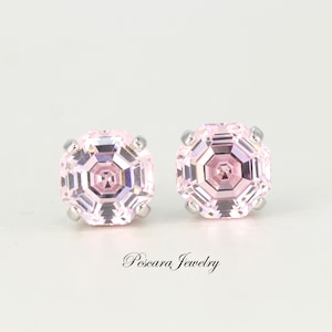 Soft Pink studs Earrings, Octagon Shape (Asscher Cut), Pastel Jewely, Silver CZ Studs