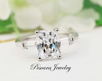 3.3ctw Three Stone Radiant Cut Engagement Ring, Promise Ring, Diamond Simulant CZ Radiant Cut Wedding ring, Anniversary ring Sterling Silver