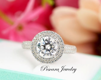 2.5ctw Round Double Halo Engagement Ring, 2 Carat Round Halo, Halo Promise Ring, Diamond Simulants CZ, Sterling Silver