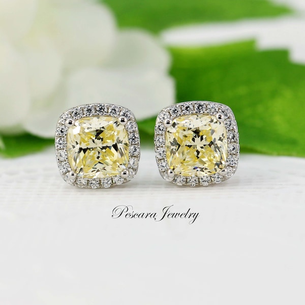 1ct Canary Yellow Cushion Cut Halo Earrings, Yellow Diamond Simulants CZ earrings, Bridesmaid Earrings, Wedding Gifts, Sterling Silver