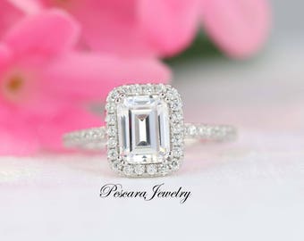 1.88 ct tw Emerald Cut Engagement Ring, Emerald Halo Ring, Diamond Stimulant,Promise Ring, Bridal Ring, Wedding Ring, Sterling Silver 3~9