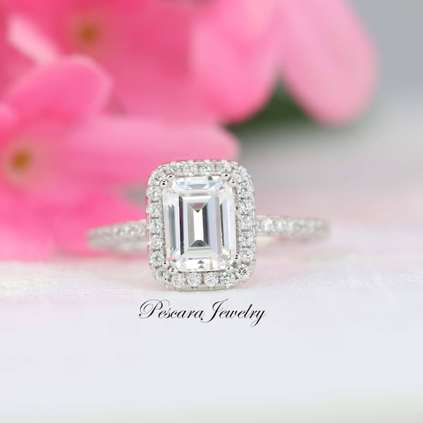 1.88 ct tw Emerald Cut Engagement Ring, Emerald Halo Ring, Diamond Stimulant,Promise Ring, Bridal Ring, Wedding Ring, Sterling Silver 3~9