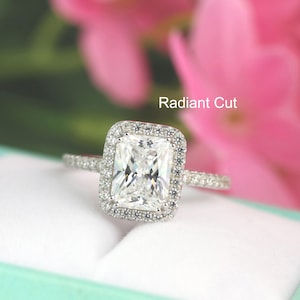 3.4ctw Radiant Cut Engagement Ring, Radiant Halo Diamond Stimulants Promise Ring, Bridal Ring, Wedding Ring, Sterling Silver