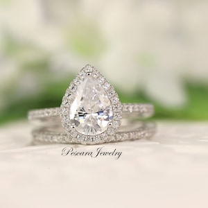 2.5 ct tw Halo Wedding Ring Set -  Pear Cut Ring - Pear Halo Engagement Ring - 2 carat Bridal set, Sterling Silver