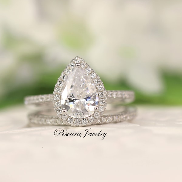 2.5 ct tw Halo Wedding Ring Set -  Pear Cut Ring - Pear Halo Engagement Ring - 2 carat Bridal set, Sterling Silver