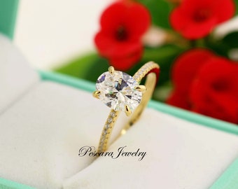 Anillo de compromiso ovalado de oro amarillo de 2 quilates, anillo de corte ovalado (9 x 7 mm), anillo de promesa ovalado, anillo de bodas, plata de ley
