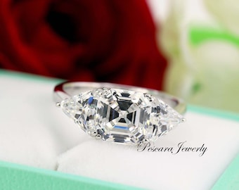 3 stone engagement ring, 8mm Asscher cut Ring, Simulated Diamond Asscher Cut, Sterling Silver Wedding Ring