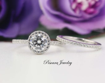 Wedding Ring Set - Round Halo Engagement Ring - Round Cut Ring - Diamond Stimulate CZ Ring - Bridal sets - Sterling Silver - 1 Carat Ring