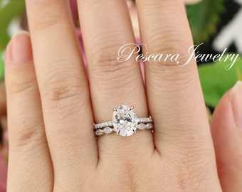 Oval Engagement Ring Set, 3ct center Oval Solitaire Ring, 3ct Oval Promise Ring Art Deco band ring CZ Diamond Simulated Oval Sterling Silver