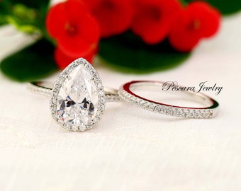 3ct (12*8mm) Pear Halo Engagement Ring, Pear Engagement Ring, Pear shaped Ring, Pear Promise Ring, Diamond Simulant CZ Pear Cut Ring