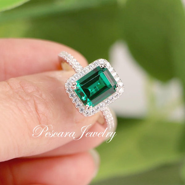 Emerald Ring - Simulated Green Emerald Ring - Emerald Cut Ring - Emerald Halo Engagement Ring - Sterling Silver