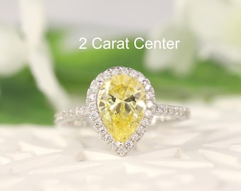 2.2ct tw Classic Pear Halo Engagement Ring (Light Canary Yellow 10X7mm), Bridal Ring, promise Ring, Sterling Silver