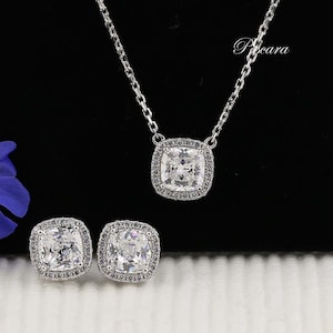 Silver Halo Earrings and Necklace, Cushion Cut Earrings, Cushion Cut Necklace, 925 sterling silver
