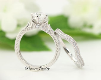 Anillo de compromiso Art Déco de 1.2ctw, anillo de estilo vintage, anillo de solitario redondo de 1ct, anillo de promesa, conjunto de anillos de boda, plata de ley