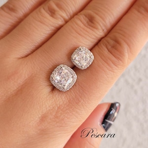 Cushion Cut Halo Stud Earrings, CZ Diamond Halo Studs earrings, 1Ct (6mm) or 2ct (7mm), 925 Sterling Silver
