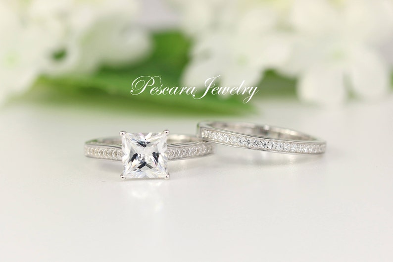 Wedding Ring set Promise Ring Bridal set Sterling Silver 2.28 ctw Princess Cut Ring Solitaire Engagement Ring