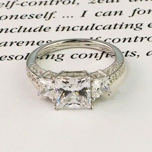 Princess Cut Engagement Ring - 3 Stone Ring - Cubic Zirconia Engagement Ring - Wedding Ring - Promoise Ring - Sterling Silver