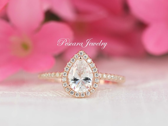 Rose Gold CZ Pear Engagement Ring Pear Cut Ring Pear Halo Ring Wedding Ring Diamond Simulant CZ 1 Carat Sterling Silver