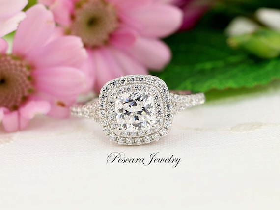 Double Halo Engagement Ring, Carat (6mm) Cushion Double Halo