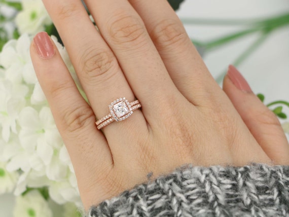1.30 Ct Cushion Cut Moissanite Diamond Halo Engagement Wedding Ring Set 14k  White Gold – DiamondLoops