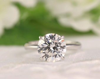 4ct Round Solitaire engagement ring , Silver classic round cut ring 4 prongs, Low Profile Ring, Man Made Diamond Simulant, Wedding Ring,