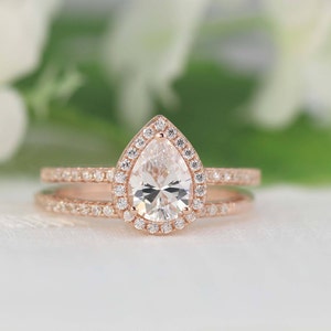 1.3ctw Rose Gold Engagement Ring, Pear Halo Wedding Ring Set Pear Cut Ring Pear Halo Engagement Ring. 1ct Promise CZ Ring image 2