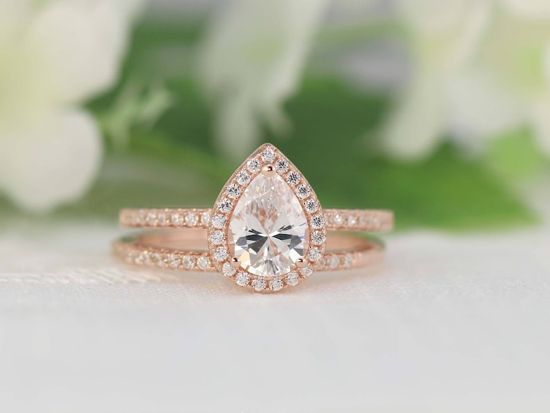 1.3ctw Rose Gold Engagement Ring, Pear Halo Wedding Ring Set Pear Cut Ring Pear Halo Engagement Ring. 1ct Promise CZ Ring image 2