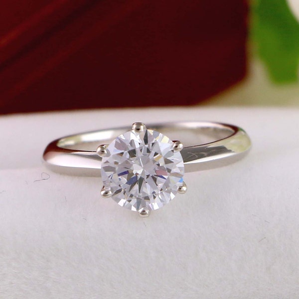 2 Ct Round Solitaire Engagement Ring - Classic Solitaire Ring - six prongs tapered band - Sterling Silver