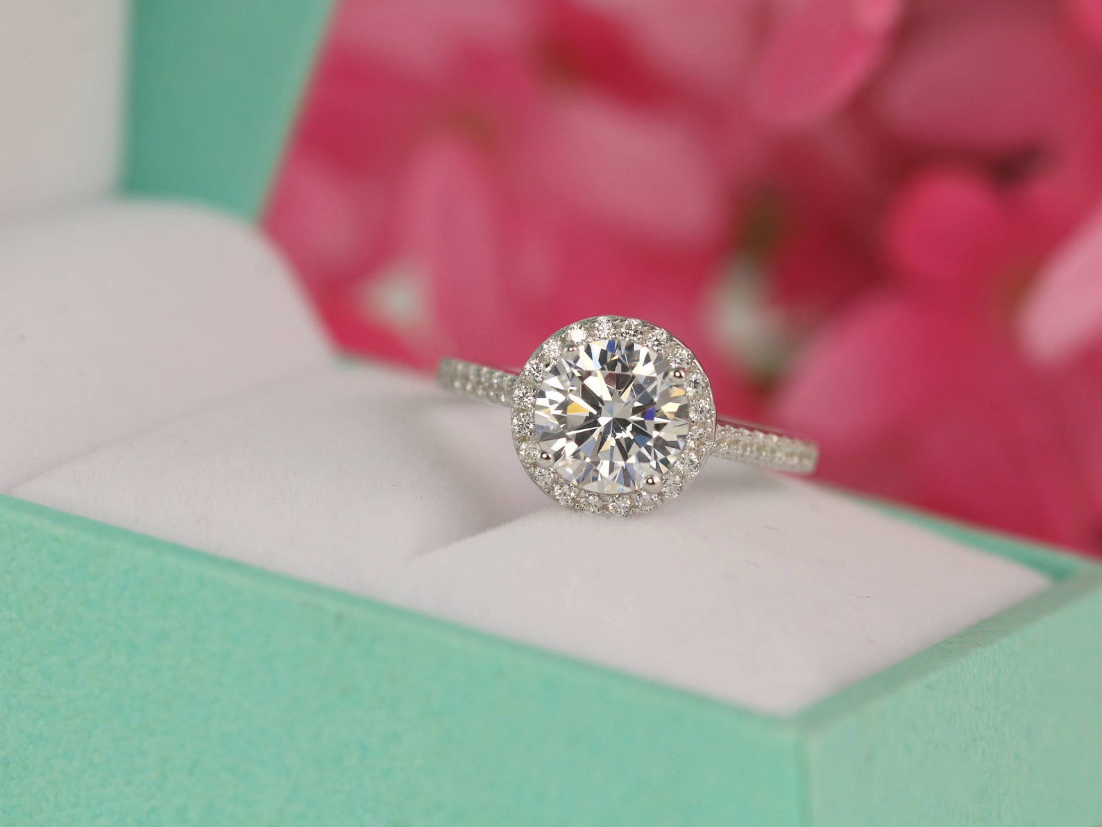 Silver 2ct Engagement Ring Round Halo Ring Wedding Ring Etsy