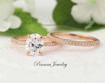2.0 Carat Oval Wedding Ring Set, Rose Gold Oval Engagement Ring, (9x7mm) 2 Carat Oval Solitaire Ring, 2ct Oval Promise Ring, Sterling Silver