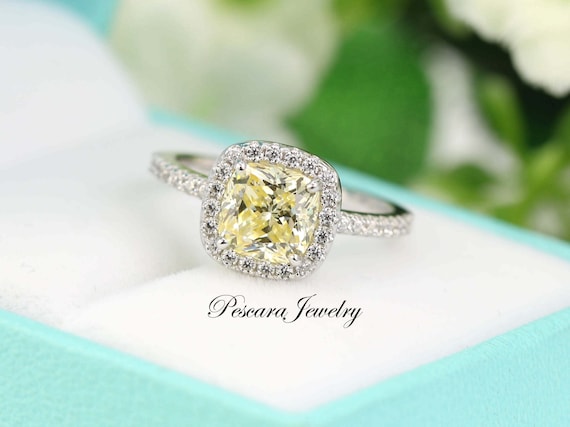 Light Yellow Cushion Halo Engagement Ring, Pale Yellow CZ Ring