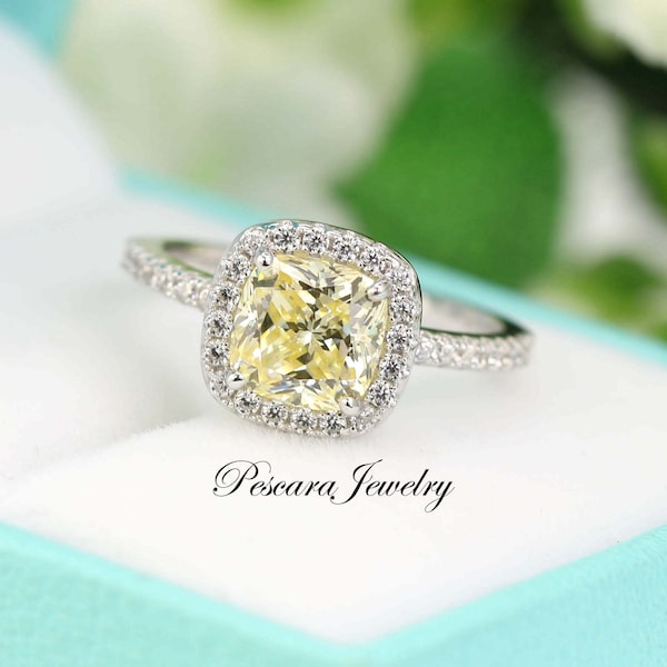 Light Yellow Cushion Halo Engagement Ring, Pale Yellow CZ Ring, Promise Ring, Sterling Silver Cushion ring