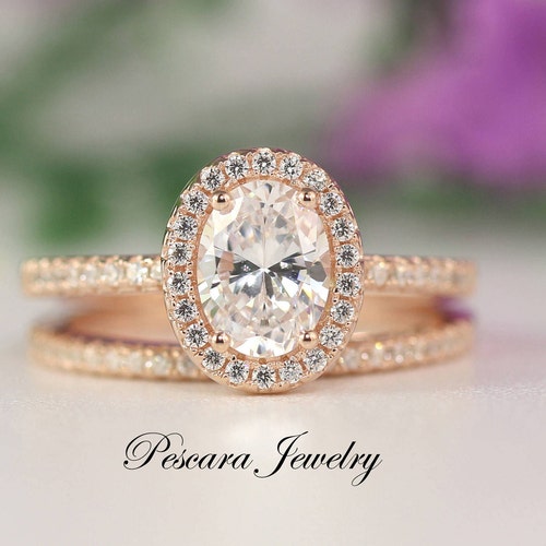1.8ct Tw Rose Gold Oval Halo Engagement Ring Set Oval Cut Etsy