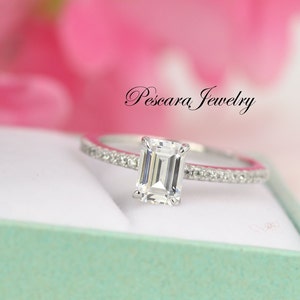 1ct Emerald Cut Engagement Ring, half eternity, 7x5mm Emerald Cut Promise Ring, Wedding Ring, Anniversary Ring, Sterling Silver