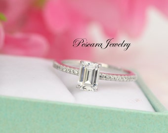 1ct Emerald Cut Engagement Ring, half eternity, 7x5mm Emerald Cut Promise Ring, Wedding Ring, Anniversary Ring, Sterling Silver