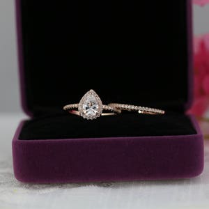 1.3ctw Rose Gold Engagement Ring, Pear Halo Wedding Ring Set Pear Cut Ring Pear Halo Engagement Ring. 1ct Promise CZ Ring image 4